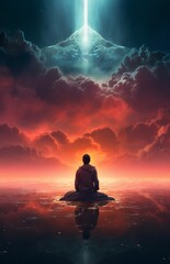 a man sitting on a rock in the middle of a body of water