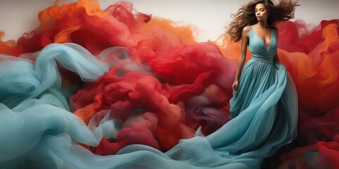 a woman in a blue dress standing in front of a painting