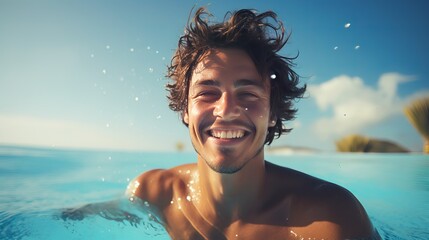 a man swimming in a pool with his hair blowing in the wind