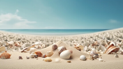 Fototapeta na wymiar Seashells on the white sand beach background with copy space. Nature and marine concept. 3D illustration rendering, Generative Ai