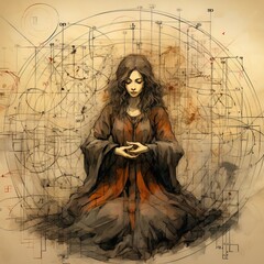 a drawing of a woman sitting in a circle