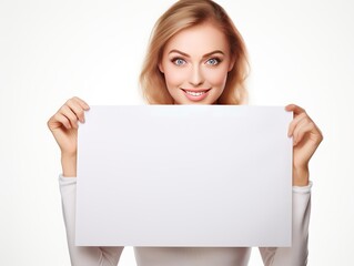 a woman holding up a white sign in front of her face