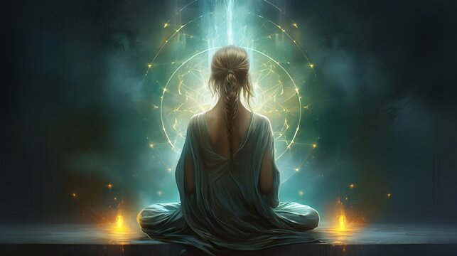 a person sitting in a meditation position with a bright light behind them