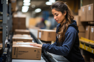 Employees work to sort cardboard boxes before shipping. At warehouse. A woman working in a factory warehouse scanning labels on boxes with a barcode scanner. - obrazy, fototapety, plakaty