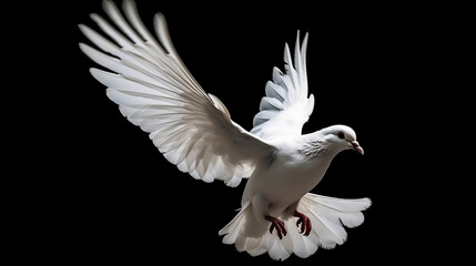 Fototapeta na wymiar White dove flying isolated on black background and Clipping path. freedom on international day of peace concept, Generative Ai