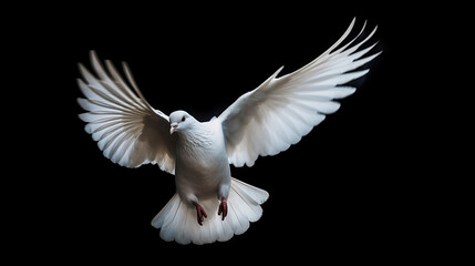 Naklejka na ściany i meble White dove flying isolated on black background and Clipping path. freedom on international day of peace concept, Generative Ai