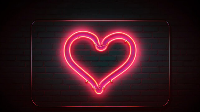 Red heart shape neon light on dark wall backgorund. Abstract and decoration concept. Happy Valentines day element. Sign and symbol electric light glow banner, Generative Ai
