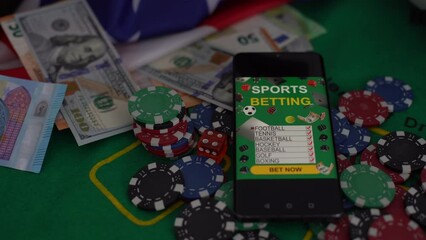 Smartphone with poket table on screen, playing cards and chip cards on poker table. Online casino. - Powered by Adobe
