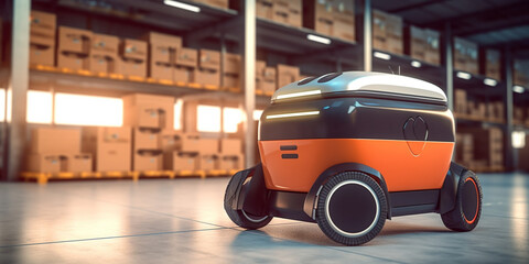 Robot in warehouse background. Technology innovation and delivery concep 