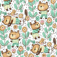 Seamless pattern with cute bears and flowers. Digital illustration.