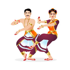 Beautiful Vector design of Couple performing national Indian Bharatanatyam folk dance with wearing traditional cloth.