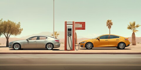 Generative AI. Petrol cars vs electric cars. Internal combustion engines vs electric motors 3d illustration concept
