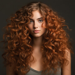 Fototapeta premium close-up portrait of a young woman with bright red hair color and hairstyle. Banner or poster. Social media content for beauty salons. hair dye color in the catalog. Generative AI