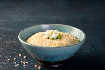 Freshly cooked vegetarian risotto with parmesan cheese and green onion. Italian risotto.