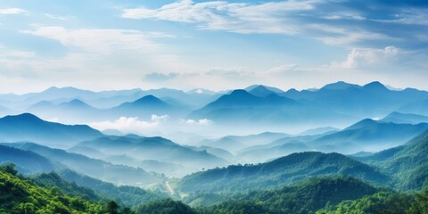 Fototapeta na wymiar Amazing wild nature view of layer of mountain forest landscape with cloudy sky. Natural green scenery of cloud and mountain slopes background. Maehongson,Thailand. Panorama