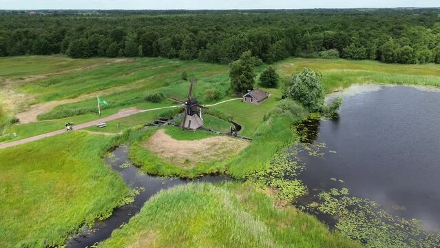 Aerial views at national park Weerribben Overijssel Netherlands. Steenwijkerland. Peatfields. Canals. Kalenberg. Winmill 