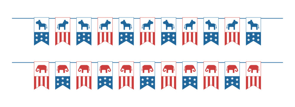 Bunting garland set with American flag, elephants and donkeys for USA election. Isolated vector and PNG illustration on transparent background.