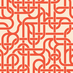 Abstract geometric composition of intersecting red lines on a white background. Metro map style. Tangles pipes. Connection concept. Modern texture. Seamless repeating pattern. Vector illustration.