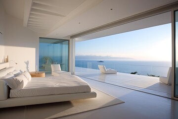 Obraz na płótnie Canvas Minimalist Bedroom with Ocean View and White Pillows