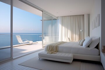 Fototapeta na wymiar Minimalist Bedroom with Ocean View - Stylish Interior Design
