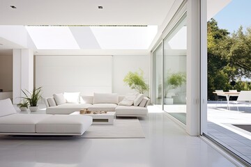 Fototapeta na wymiar Minimalist Living Room with White Furniture Next to Pool