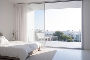 Fototapeta na wymiar White Bedroom with Bed and Balcony in Los Angeles City