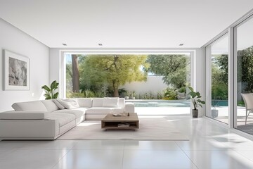 Obraz na płótnie Canvas Minimalist Living Room with White Furniture and Pool View 