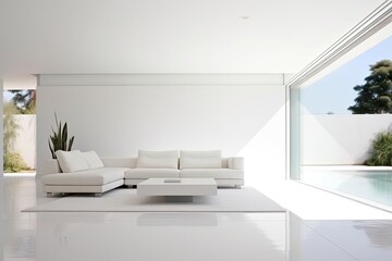 Fototapeta na wymiar Minimalist Living Room with White Couch and Pool View 