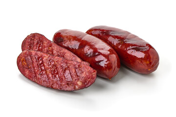 German grilled pork sausages, close-up, isolated on white background.