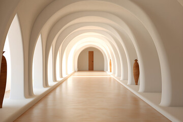 A white hallway with arches and wooden floors, in arches of the church. Generative AI.