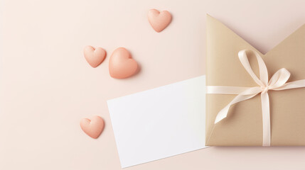 Mock-up of an empty greeting card and two hearts on a beige background. Valentines day