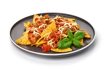 Plate of corn chips nachos with fried minced meat and cheese, isolated on white background.