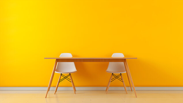 A yellow empty space with a wooden table and chair in the middle. Generative AI.