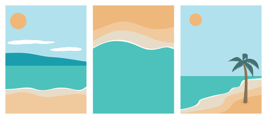 Obraz premium Set of abstract banners summer beach, palm trees, sea, sun. Vector illustration.