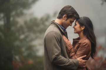 Naklejka premium Pair of young people looking at each other in the rain - love story