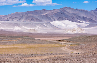 Puna - off road adventure on the way to the Campo de Piedra Pómez, a bizarre but beautiful landscape with a field of pumice, volcanic rocks and dunes of sand in the north of Argentina, South America 