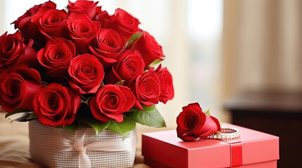 Boxes with beautiful roses and engagement ring on table in room. Valentine's Day celebration
