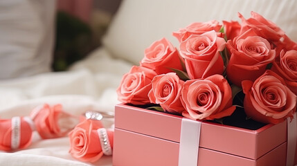 Boxes with beautiful roses and engagement ring on table in room. Valentine's Day celebration