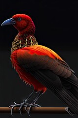 Bird with bright feathers stands on a branch.
created with Generative AI technology