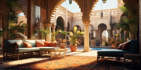 AI Generated. AI Generative. Arabic muslim moroco african palace house interior luxury style. Adventure vacation architecture design vibe. Graphic Art