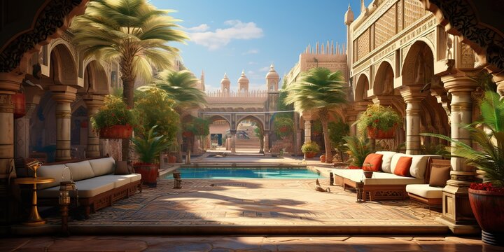 AI Generated. AI Generative. Arabic muslim moroco african palace house interior luxury style. Adventure vacation architecture design vibe. Graphic Art
