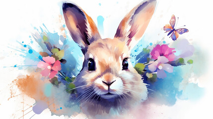 Cute watercolor bunny illustration AI Generative. Generative AI