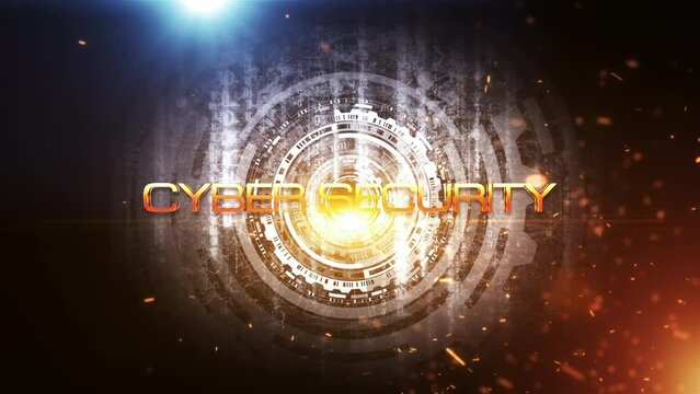 Cyber Security gold text motion flare effect futuristic hitech cinematic trailer title background with fire burst and gold particles on HUD animation abstract background  