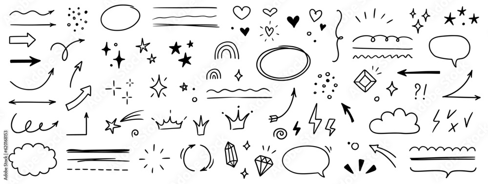 Poster sketch line arrow element, star, heart shape. hand drawn doodle sketch style circle, cloud speech bu