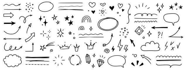 Sketch line arrow element, star, heart shape. Hand drawn doodle sketch style circle, cloud speech bubble grunge element set. Arrow, star, heart brush decoration. Vector illustration - Powered by Adobe