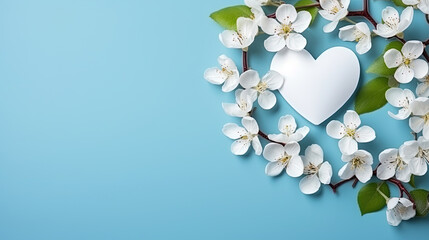 Valentines day card with copy space, heart and apple tree flowers on blue background with hard sunlight