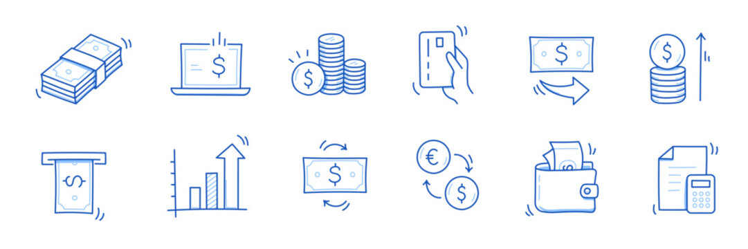 Money cash, coin business doodle icon set. Dollar coin, money profit doodle line sketch business inflation, cash payment. Financial profit, growth icon. Outline editable stroke. Vector illustration