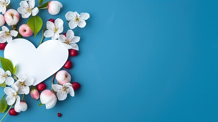 Valentines day card with copy space, heart and apple tree flowers on blue background with hard sunlight
