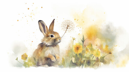 Rabbit blowing dandelion watercolor illustration 