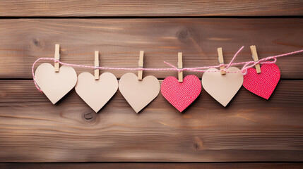 Valentines day card, pegged on to string against wood plank background